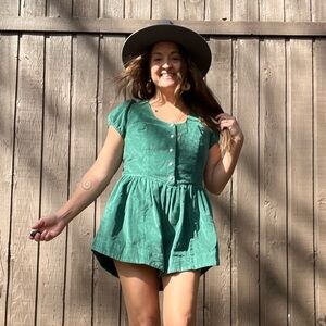 Free People Green Velvet Romper Large Open Back Tie Button Front Cottagecore